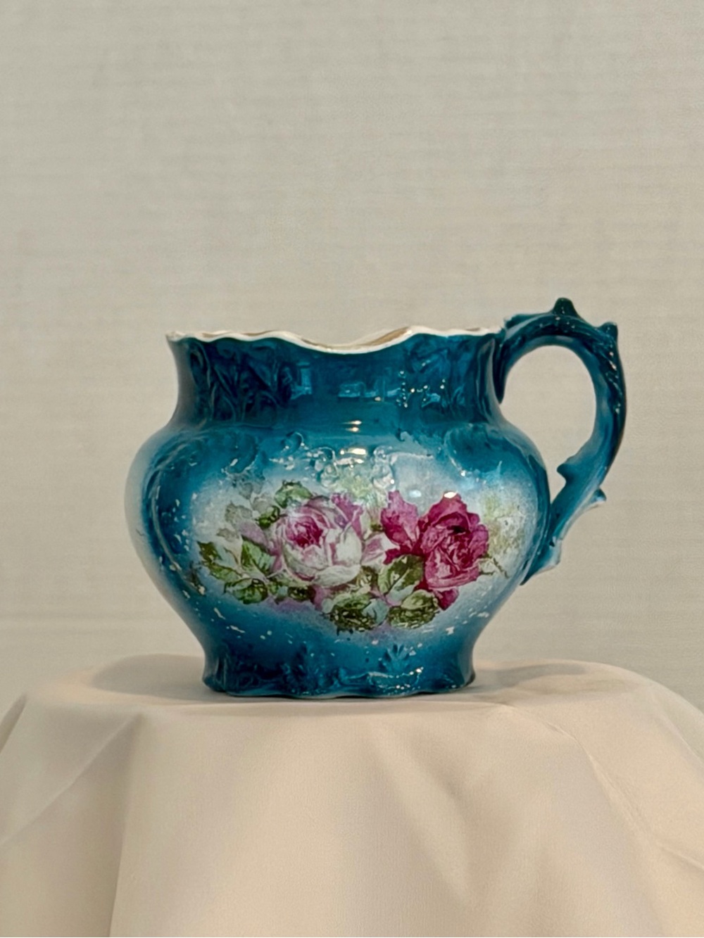 Vintage Turquoise Ironstone Creamer with Pink Rose Motif